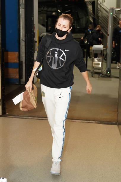 Allie Quigley of the Chicago Sky arrives before the game against the Minnesota Lynx during the 2021 WNBA Playoffs on September 26, 2021 at Target...