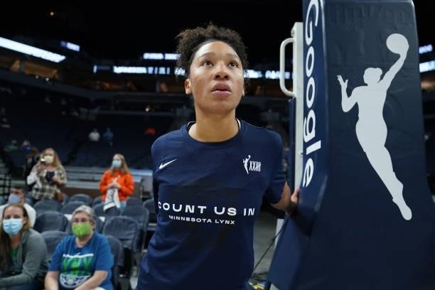 Aerial Powers of the Minnesota Lynx warms up before the game against the Chicago Sky during the 2021 WNBA Playoffs on September 26, 2021 at Target...