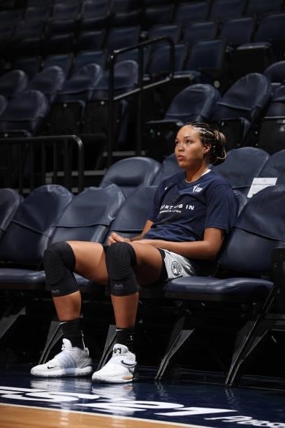 Napheesa Collier of the Minnesota Lynx looks on before the game against the Chicago Sky during the 2021 WNBA Playoffs on September 26, 2021 at Target...