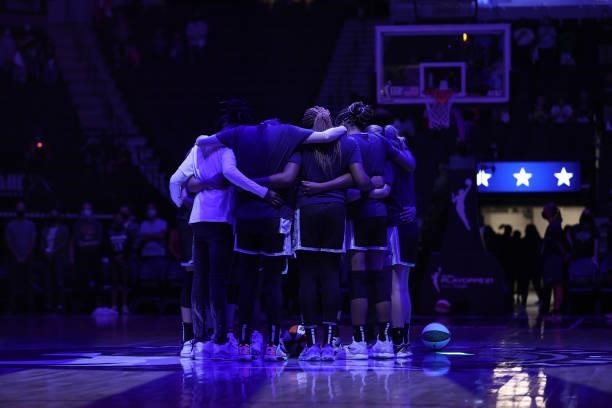 The Minnesota Lynx huddle up before the game against the Chicago Sky during the 2021 WNBA Playoffs on September 26, 2021 at Target Center in...