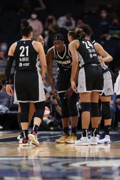 Sylvia Fowles of the Minnesota Lynx talks to teammates during the game against the Chicago Sky during the 2021 WNBA Playoffs on September 26, 2021 at...