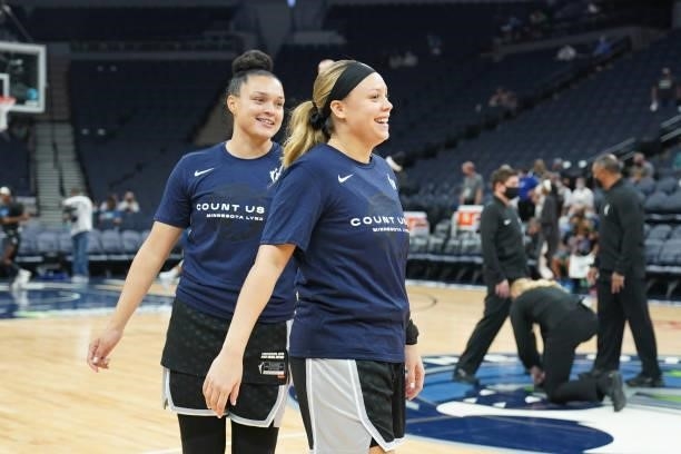 Rachel Banham of the Minnesota Lynx smiles before the game against the Chicago Sky during the 2021 WNBA Playoffs on September 26, 2021 at Target...