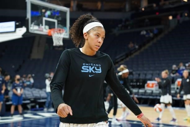 Candace Parker of the Chicago Sky warms up before the game against the Minnesota Lynx during the 2021 WNBA Playoffs on September 26, 2021 at Target...