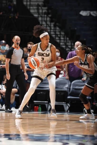 Candace Parker of the Chicago Sky handles the ball during the game against the Minnesota Lynx during the 2021 WNBA Playoffs on September 26, 2021 at...