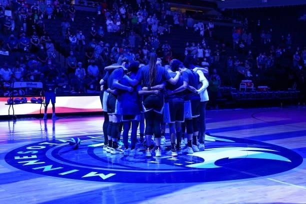 Minnesota Lynx players huddle up before the game against the Chicago Sky during the 2021 WNBA Playoffs on September 26, 2021 at Target Center in...