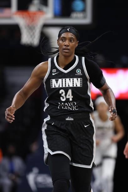 Sylvia Fowles of the Minnesota Lynx looks on during the game against the Chicago Sky during the 2021 WNBA Playoffs on September 26, 2021 at Target...