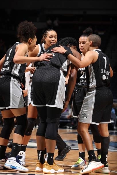 The Minnesota Lynx huddles up during the game against the Chicago Sky during the 2021 WNBA Playoffs on September 26, 2021 at Target Center in...