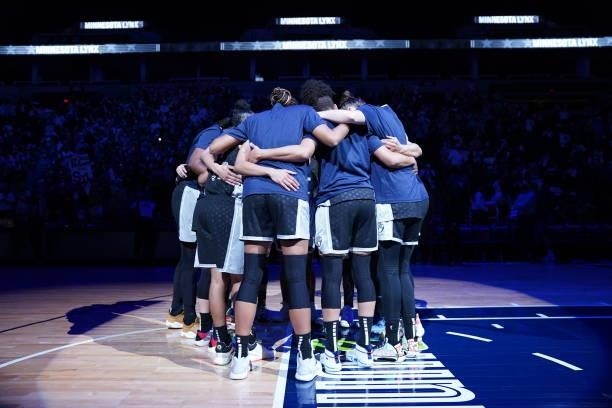 Minnesota Lynx players huddle up before the game against the Chicago Sky during the 2021 WNBA Playoffs on September 26, 2021 at Target Center in...