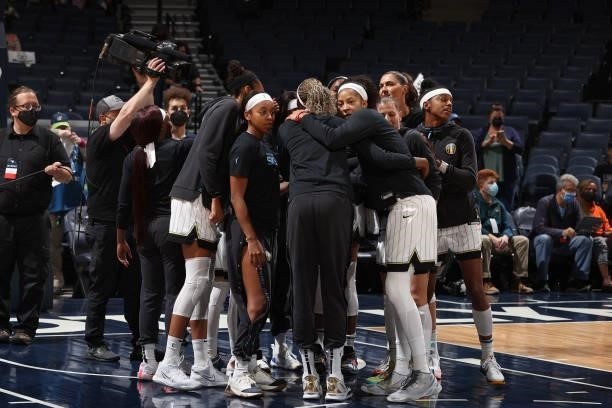 The Chicago Sky huddle up before the game against the Minnesota Lynx during the 2021 WNBA Playoffs on September 26, 2021 at Target Center in...
