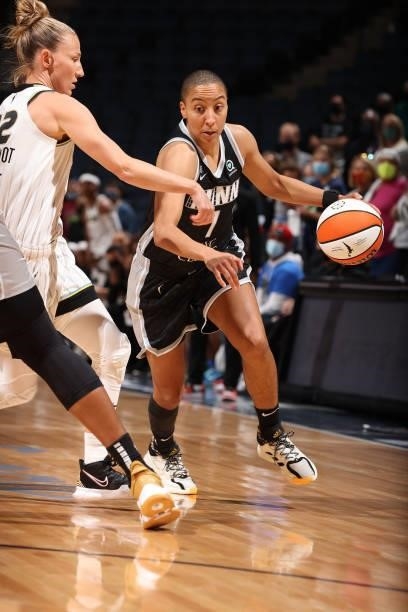 Layshia Clarendon of the Minnesota Lynx dribbles the ball during the game against the Chicago Sky during the 2021 WNBA Playoffs on September 26, 2021...