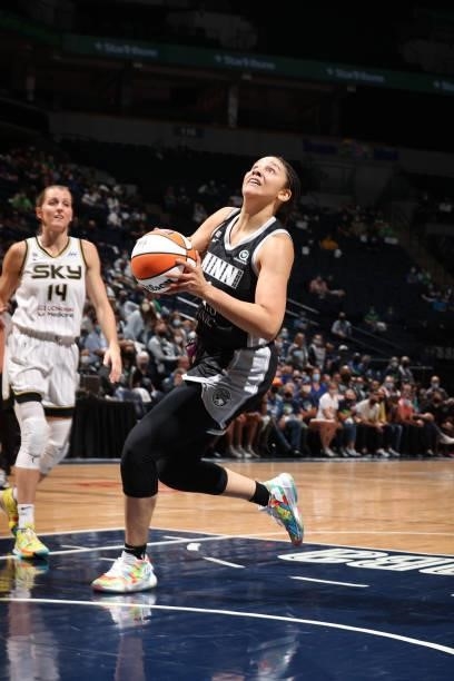 Natalie Achonwa of the Minnesota Lynx drives to the basket during the game against the Chicago Sky during the 2021 WNBA Playoffs on September 26,...