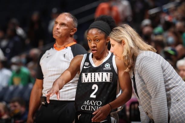 Head Coach Cheryl Reeve of the Minnesota Lynx talks to Crystal Dangerfield of the Minnesota Lynx during the game against the Chicago Sky during the...