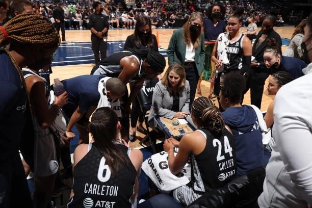 Head Coach Cheryl Reeve of the Minnesota Lynx talks to the team during the game against the Chicago Sky during the 2021 WNBA Playoffs on September...