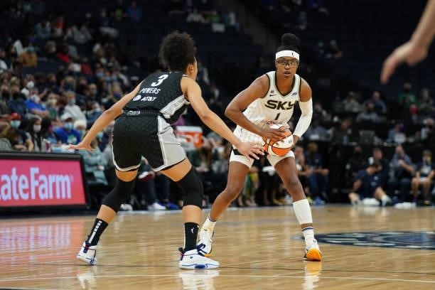 Diamond DeShields of the Chicago Sky handles the ball during the game against the Minnesota Lynx during the 2021 WNBA Playoffs on September 26, 2021...