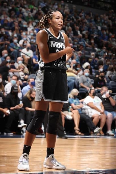 Napheesa Collier of the Minnesota Lynx looks on during the game against the Chicago Sky during the 2021 WNBA Playoffs on September 26, 2021 at Target...