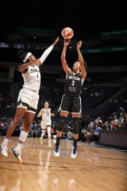 Aerial Powers of the Minnesota Lynx shoots the ball over Diamond DeShields of the Chicago Sky during the 2021 WNBA Playoffs on September 26, 2021 at...