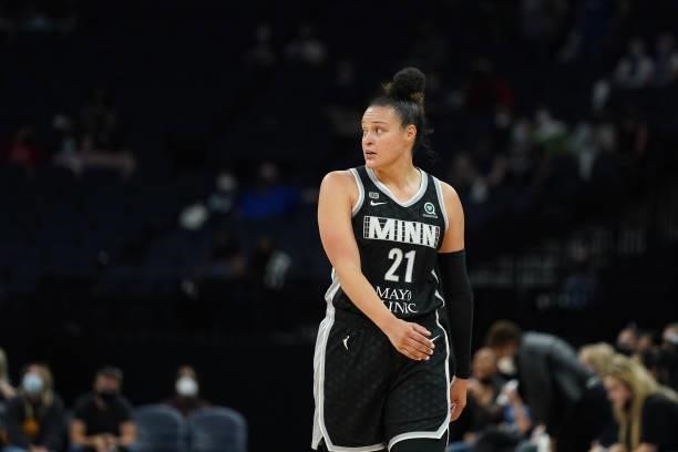 Kayla McBride of the Minnesota Lynx looks on during the game against the Chicago Sky during the 2021 WNBA Playoffs on September 26, 2021 at Target...