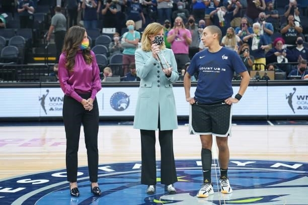 Layshia Clarendon of the Minnesota Lynx receives the August WNBA Cares Community Assist Aware presented by State Farm before the game against the...