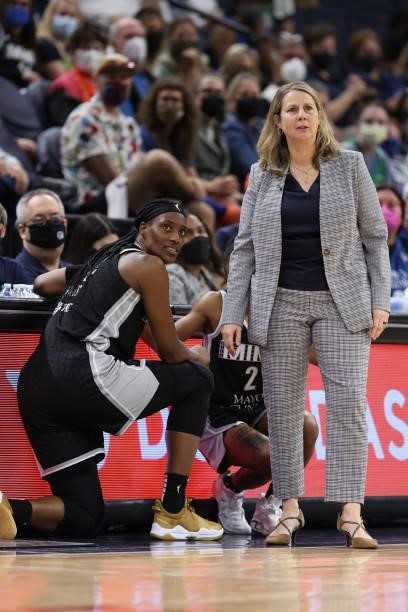 Sylvia Fowles and Head Coach Cheryl Reeve of the Minnesota Lynx look on during the game against the Chicago Sky during the 2021 WNBA Playoffs on...