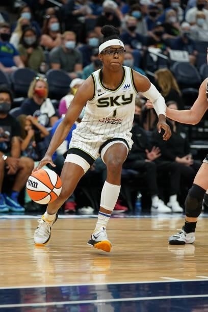 Diamond DeShields of the Chicago Sky drives to the basket during the game against the Minnesota Lynx during the 2021 WNBA Playoffs on September 26,...
