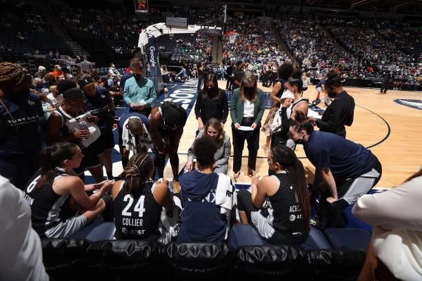 Head Coach Cheryl Reeve of the Minnesota Lynx talks to the team during the game against the Chicago Sky during the 2021 WNBA Playoffs on September...