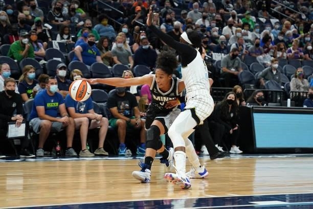 Aerial Powers of the Minnesota Lynx handles the ball during the game against the Chicago Sky during the 2021 WNBA Playoffs on September 26, 2021 at...