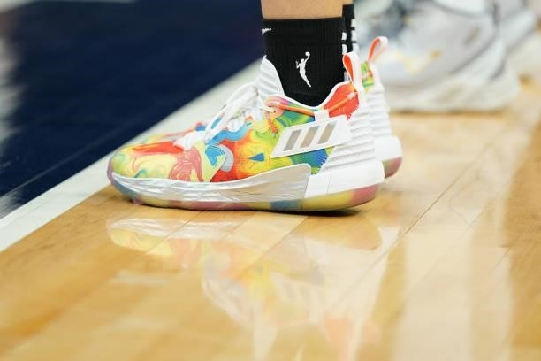 The sneakers of Natalie Achonwa of the Minnesota Lynx during the game against the Chicago Sky during the 2021 WNBA Playoffs on September 26, 2021 at...