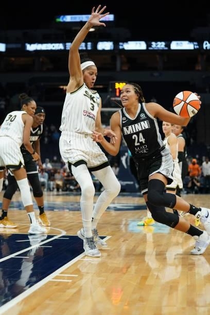 Napheesa Collier of the Minnesota Lynx drives to the basket during the game against the Chicago Sky during the 2021 WNBA Playoffs on September 26,...