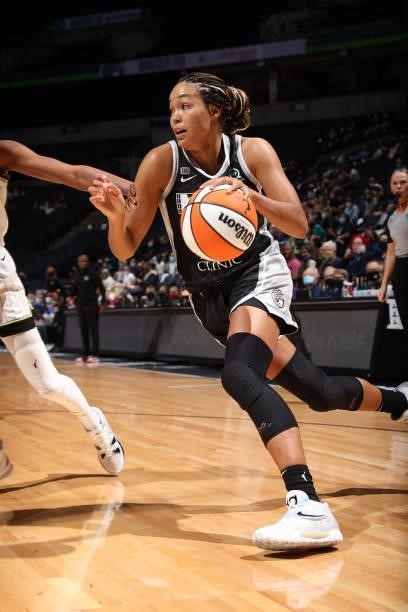 Napheesa Collier of the Minnesota Lynx handles the ball during the game against the Chicago Sky during the 2021 WNBA Playoffs on September 26, 2021...