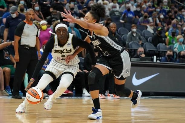 Kahleah Copper of the Chicago Sky drives to the basket during the game against the Minnesota Lynx during the 2021 WNBA Playoffs on September 26, 2021...