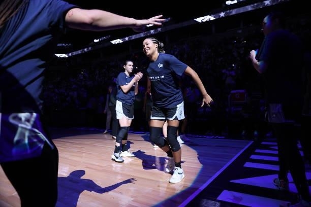 Napheesa Collier of the Minnesota Lynx smiles before the game against the Chicago Sky during the 2021 WNBA Playoffs on September 26, 2021 at Target...