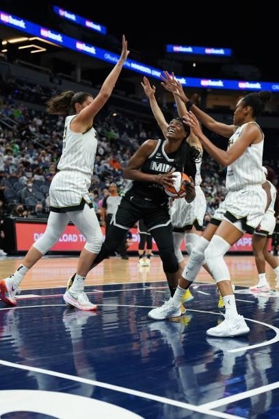 Sylvia Fowles of the Minnesota Lynx handles the ball during the game against the Chicago Sky during the 2021 WNBA Playoffs on September 26, 2021 at...