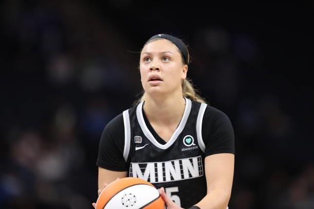 Rachel Banham of the Minnesota Lynx looks on during the game against the Chicago Sky during the 2021 WNBA Playoffs on September 26, 2021 at Target...