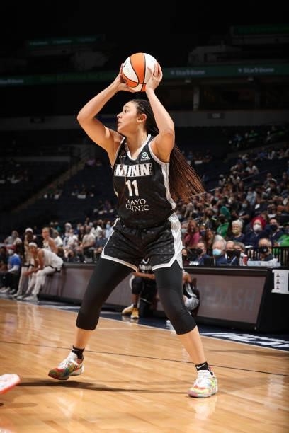 Natalie Achonwa of the Minnesota Lynx handles the ball during the game against the Chicago Sky during the 2021 WNBA Playoffs on September 26, 2021 at...