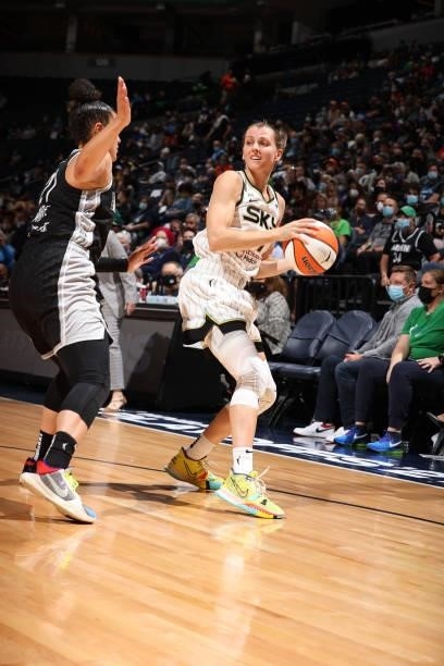 Allie Quigley of the Chicago Sky handles the ball during the game against the Minnesota Lynx during the 2021 WNBA Playoffs on September 26, 2021 at...