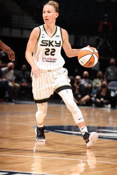 Courtney Vandersloot of the Chicago Sky handles the ball during the game against the Minnesota Lynx during the 2021 WNBA Playoffs on September 26,...