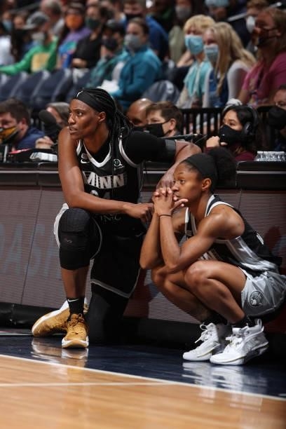 Sylvia Fowles and Crystal Dangerfield of the Minnesota Lynx look on during the game against the Chicago Sky during the 2021 WNBA Playoffs on...