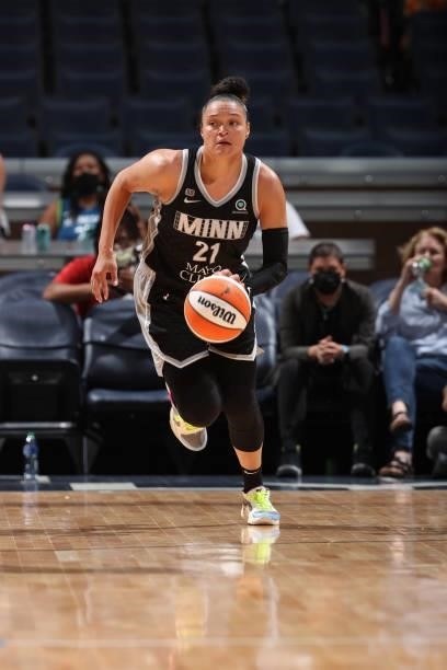 Kayla McBride of the Minnesota Lynx dribbles the ball during the game against the Chicago Sky during the 2021 WNBA Playoffs on September 26, 2021 at...