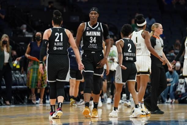 Sylvia Fowles of the Minnesota Lynx high-fives teammates during the game against the Chicago Sky during the 2021 WNBA Playoffs on September 26, 2021...