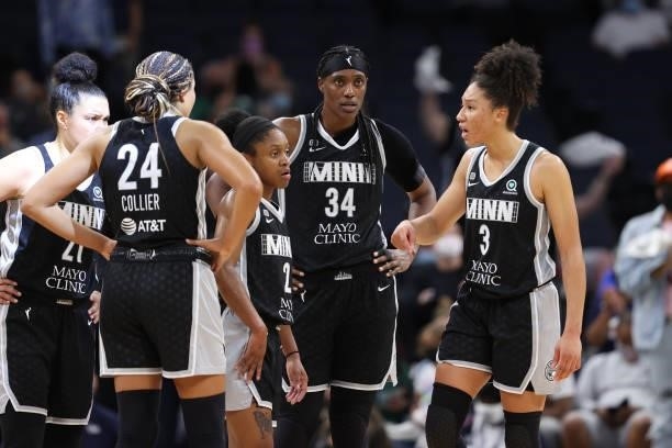Aerial Powers of the Minnesota Lynx talks to teammates during the game against the Chicago Sky during the 2021 WNBA Playoffs on September 26, 2021 at...