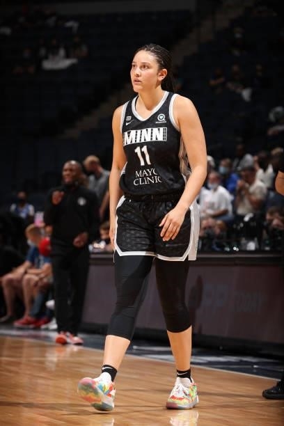Natalie Achonwa of the Minnesota Lynx looks on during the game against the Chicago Sky during the 2021 WNBA Playoffs on September 26, 2021 at Target...