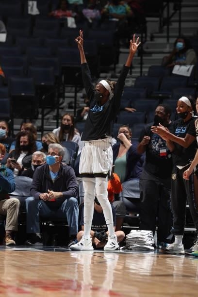 Astou Ndour-Fall of the Chicago Sky celebrates during the game against the Minnesota Lynx during the 2021 WNBA Playoffs on September 26, 2021 at...