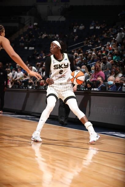 Kahleah Copper of the Chicago Sky handles the ball during the game against the Minnesota Lynx during the 2021 WNBA Playoffs on September 26, 2021 at...