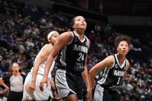 Napheesa Collier and Aerial Powers of the Minnesota Lynx look on during the game against the Chicago Sky during the 2021 WNBA Playoffs on September...