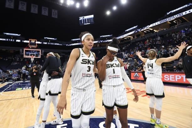 Candace Parker of the Chicago Sky looks on after the game against the Minnesota Lynx during the 2021 WNBA Playoffs on September 26, 2021 at Target...