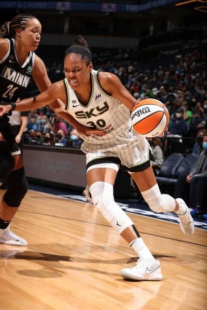 Azura Stevens of the Chicago Sky drives to the basket during the game against the Minnesota Lynx during the 2021 WNBA Playoffs on September 26, 2021...
