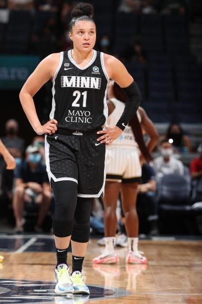 Kayla McBride of the Minnesota Lynx looks up during the game against the Chicago Sky during the 2021 WNBA Playoffs on September 26, 2021 at Target...