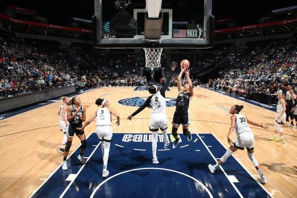 Aerial Powers of the Minnesota Lynx shoots the ball against the Chicago Sky during the 2021 WNBA Playoffs on September 26, 2021 at Target Center in...