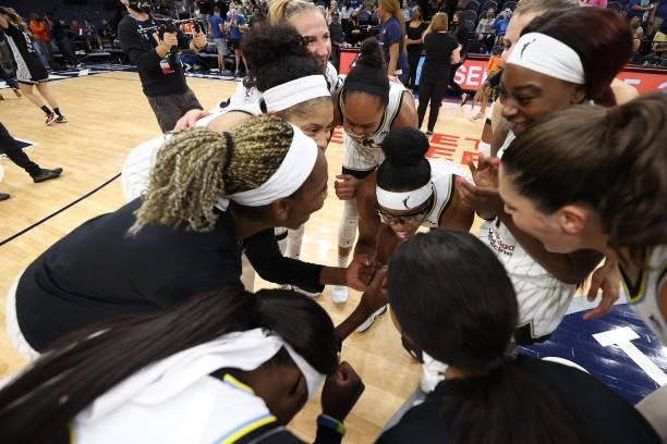 The Chicago Sky huddle up after the game against the Minnesota Lynx during the 2021 WNBA Playoffs on September 26, 2021 at Target Center in...