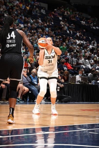 Stefanie Dolson of the Chicago Sky shoots the ball against the Minnesota Lynx during the 2021 WNBA Playoffs on September 26, 2021 at Target Center in...